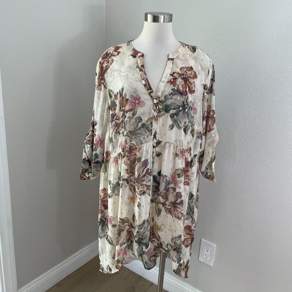 Torrid Womens Plus 3X Floral Gold Metallic Babydoll Hi Low Tunic Top Sheer